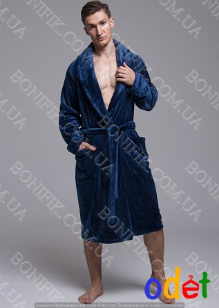 Чоловічий синій халат велсофт з поясом (90055) (арт. 1202) Кривой Рог - изображение 1